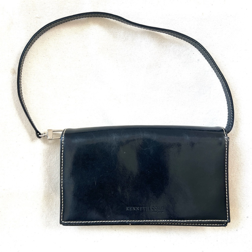 Kenneth Cole Black Leather Wristlet Clutch with White Contrast Stitching